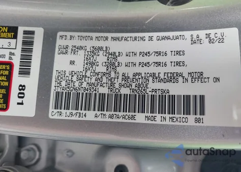 2022 Toyota Tacoma Sr из США, поврежденный, VIN 3TYAX5GN6NT049341